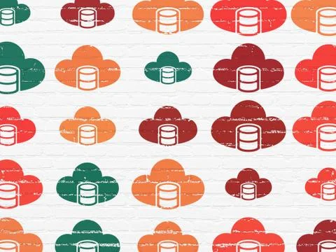 Programming concept: Database With Cloud icons on wall background Illustrazione stock