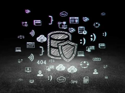 Programming concept: Database With Shield in grunge dark room Stock Illustration