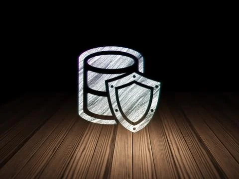 Programming concept: Database With Shield in grunge dark room Stock-Illustration