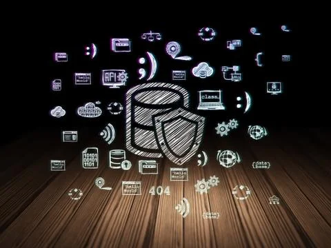 Programming concept: Database With Shield in grunge dark room Stock Illustration