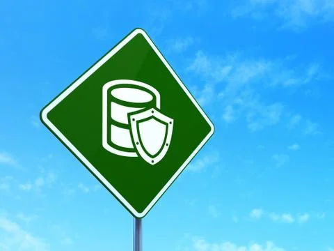 Programming concept: Database With Shield on road sign background Illustrazione stock