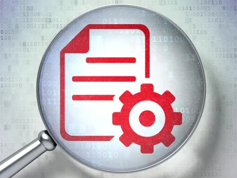 Programming concept: Gear with optical glass on digital background Illustrazione stock