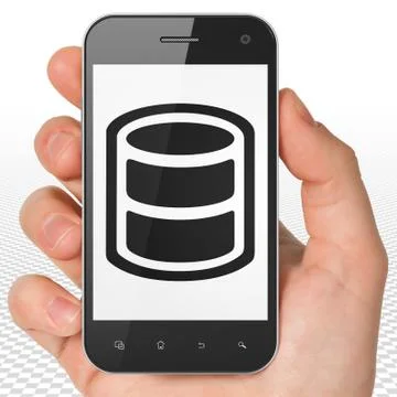 Programming concept: Hand Holding Smartphone with Database on display Stock Illustration
