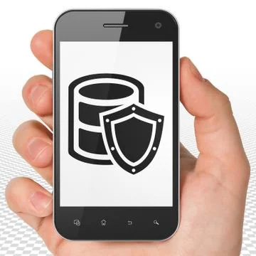 Programming concept: Hand Holding Smartphone with Database With Shield on Stock Illustration