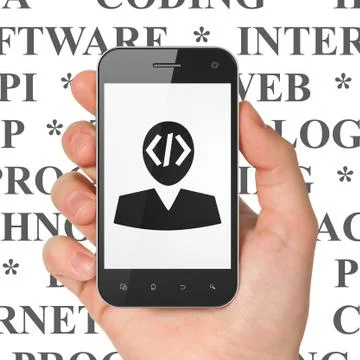 Programming concept: Hand Holding Smartphone with Programmer on display Stock Illustration
