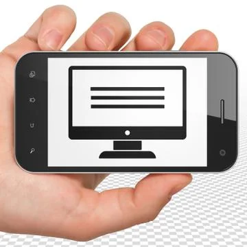 Programming concept: Hand Holding Smartphone with Monitor on display Stock Illustration
