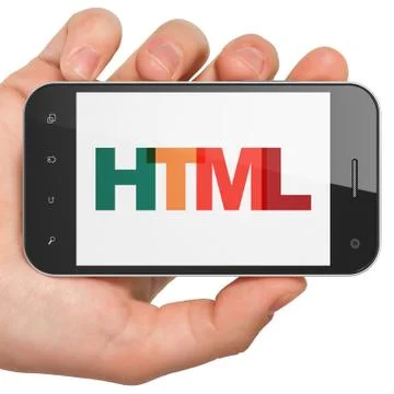 Programming concept: Hand Holding Smartphone with Html on  display Illustrazione stock