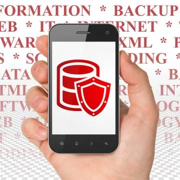 Programming concept: Hand Holding Smartphone with Database With Shield on Stock Illustration