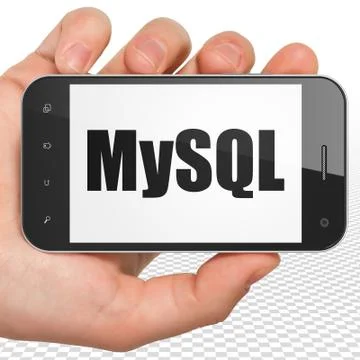 Programming concept: Hand Holding Smartphone with MySQL on display 스톡 일러스트