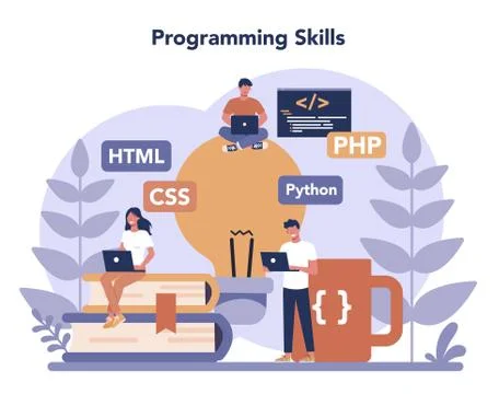 Programming concept. Idea of working on the computer, coding, Illustrazione stock