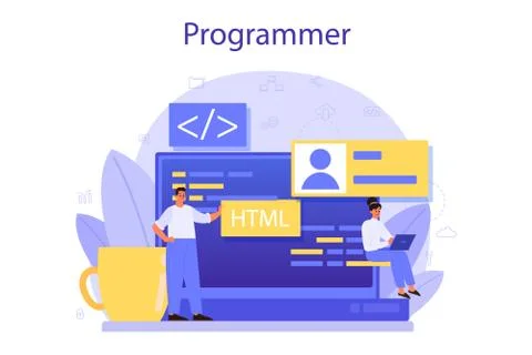 Programming concept. Idea of working on the computer, coding, testing Stock Illustration