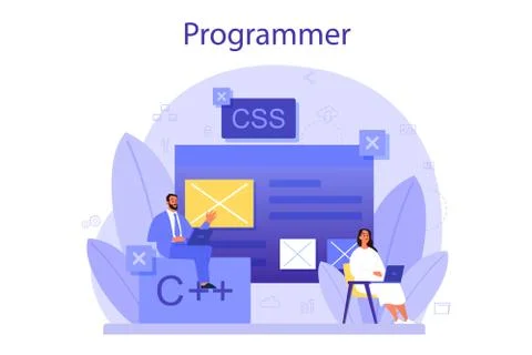 Programming concept. Idea of working on the computer, coding, testing Stock Illustration
