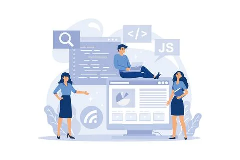 Programming concept. Idea of working on the computer, coding, testing and w.. Stock Illustration