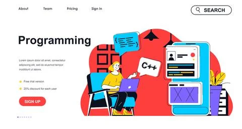 Programming concept for landing page template. Woman writing code and creat.. Illustrazione stock