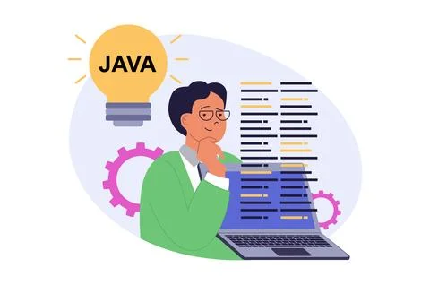 Programming concept in modern flat design for web. Man creating code, working Stock Illustration