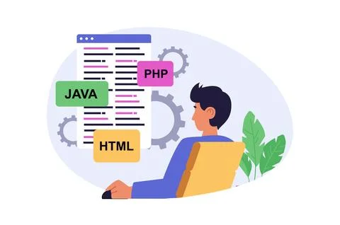 Programming concept in modern flat design for web. Man working with java, php Stock Illustration