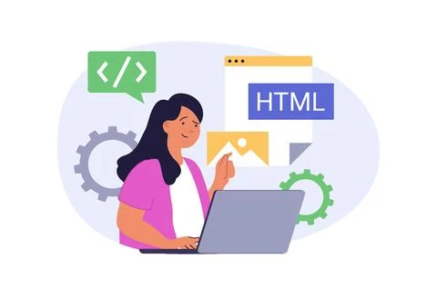 Programming concept in modern flat design for web. Woman working with html co イラスト素材