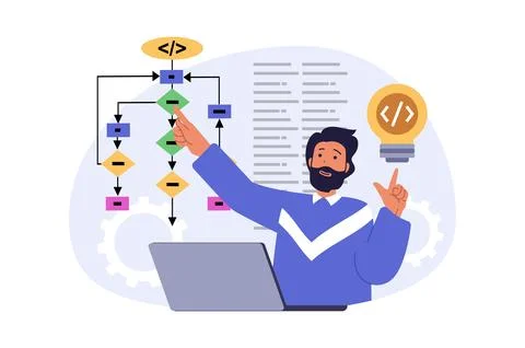 Programming concept in modern flat design for web. Man creating software prod Stock Illustration