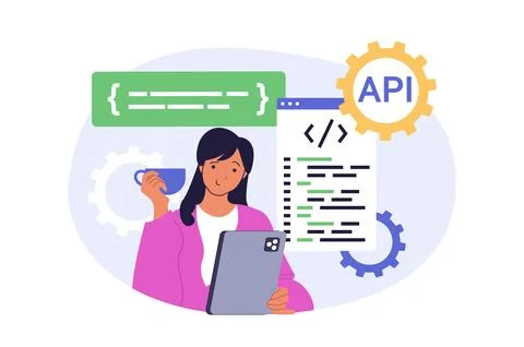 Programming concept in modern flat design for web. Woman working as adminis.. Stockillustratie