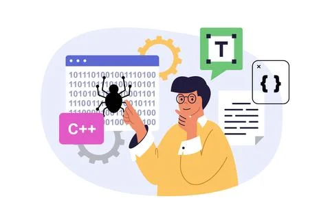 Programming concept in modern flat design for web. Man coding and working a.. Stock Illustration