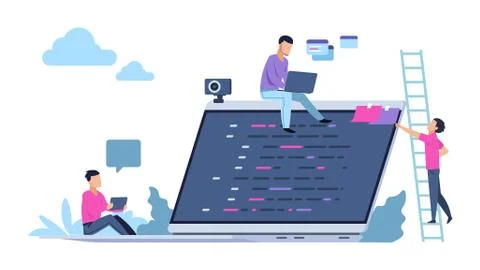 Programming concept with people characters. Freelance work business and Stock Illustration