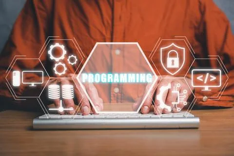 Programming concept, Person hand typing keyboard computer on desk workplace.. Stock Photos