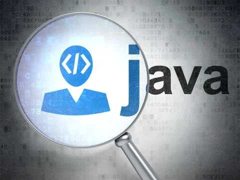 Programming concept: Programmer and Java with optical glass Stock Illustration