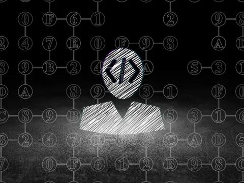 Programming concept: Programmer in grunge dark room Stock-Illustration