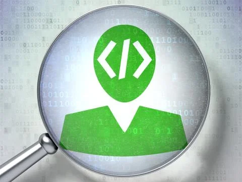 Programming concept: Programmer with optical glass on digital background Illustrazione stock