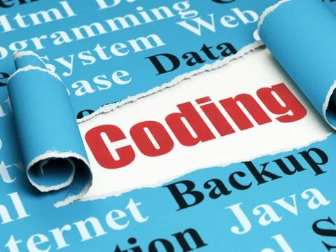 Programming concept: red text Coding under the piece of  torn paper 库存插图