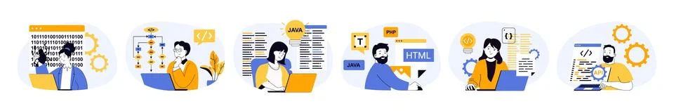 Programming concept set with characters in flat design for web. People workin 스톡 일러스트