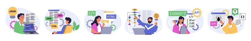 Programming concept set in flat design for web. Collection with people coding Stock-Illustration