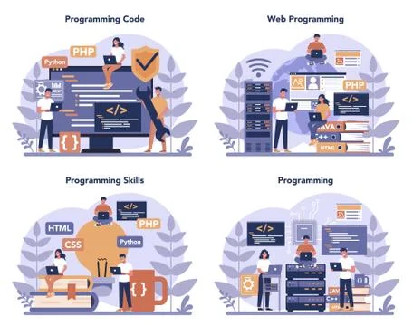 Programming concept set. Idea of working on the computer, coding, Illustrazione stock