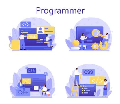 Programming concept set. Idea of working on the computer, coding, Stock Illustration