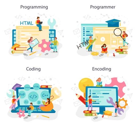 Programming concept set. IT education, student writing a software 库存插图