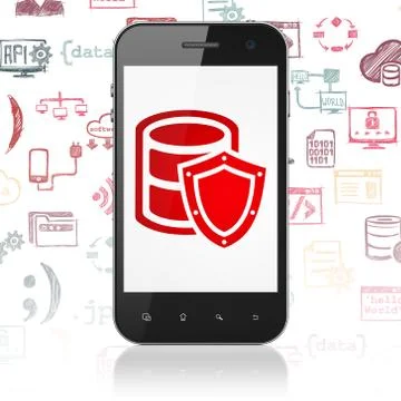 Programming concept: Smartphone with Database With Shield on display Stock Illustration