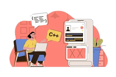 Programming concept. Woman working, writing code, testing program at office Stock Illustration