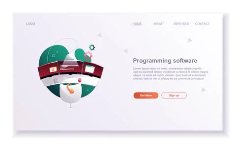 Programming concepts, coder workplace, vector art. Web site landing page temp Stock Illustration