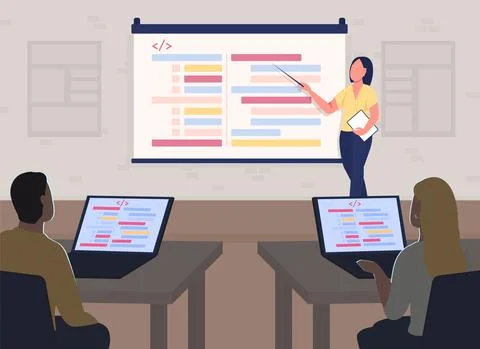 Programming course class flat color vector illustration Stock Illustration