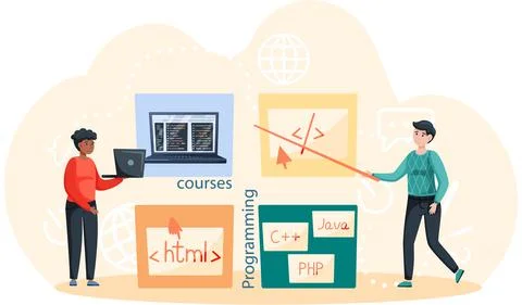 Programming courses online education, coding learning. Information technology Stock Illustration