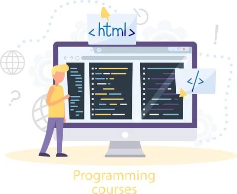 Programming courses online education, coding learning. Information technology Stock Illustration