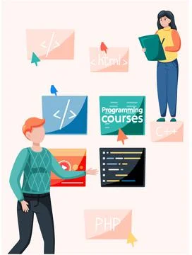 Programming courses online education, coding learning. Information technology Stock Illustration