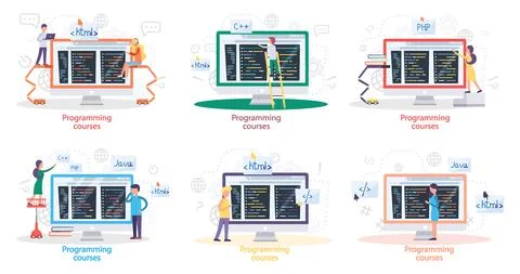 Programming courses online education, coding learning. Information technology Stock Illustration