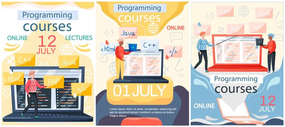 Programming courses online education, coding learning. Information technology Stock Illustration