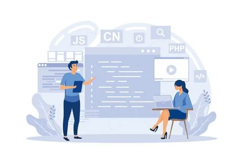 Programming courses web design concept with people. Students studying with .. Stock Illustration