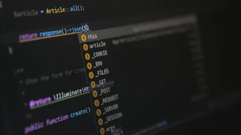 The programming cyber process done on a big large pc screen with many signs Stock Footage 121904786