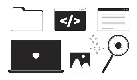 Programming desktop icons black and white 2D line objects set Illustrazione stock