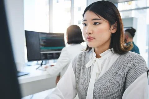 Programming, developer and computer with business woman in office for coding Stock Photos