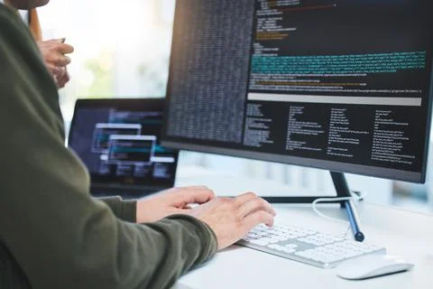Programming, developer and hands on computer for coding, software script or Stock Photos