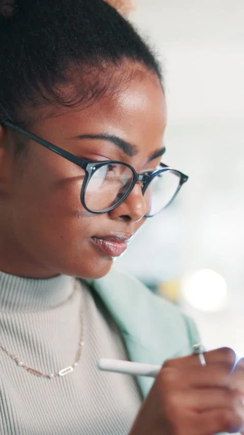 Programming, developer and woman with glasses, office and coder with stylus for Stock Footage 306824972